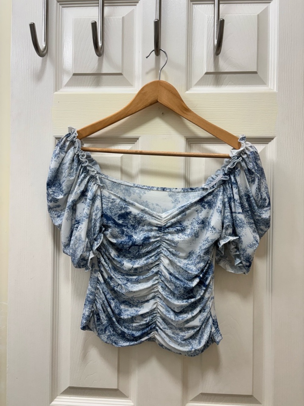 Ruched Off-Shoulder Blue Toile Print Top